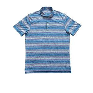 johnnie-O Polo Shirt Men Large Blue Striped Performance Stretch UPF50 Golf